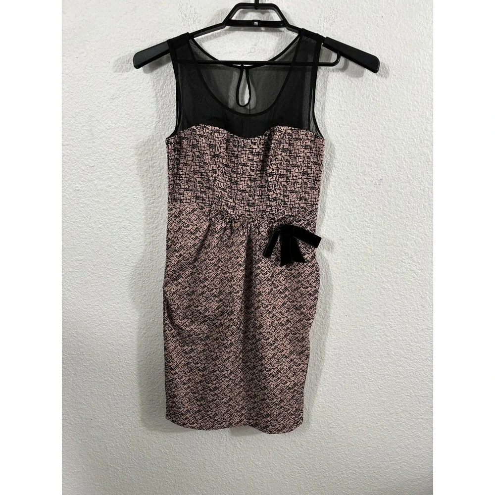 Moulinette Soeurs Dress Womens 0 Pale Pink Black Sheer‎ Mesh Velvet Bow Party